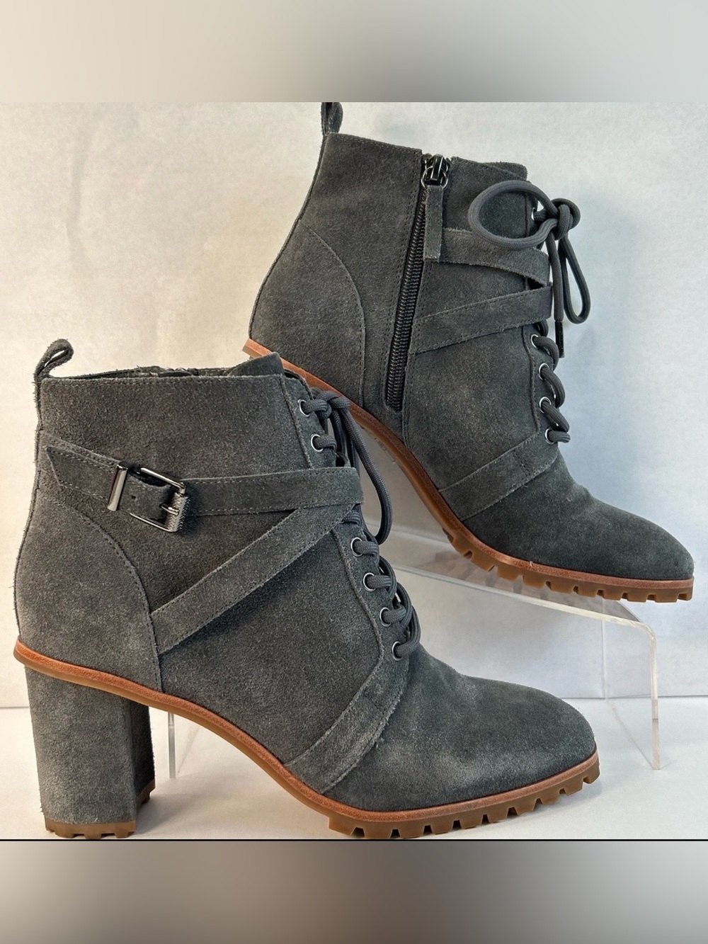 White House Black Market Combat Boots 8 Gray Suede Block Heel Militia Harness